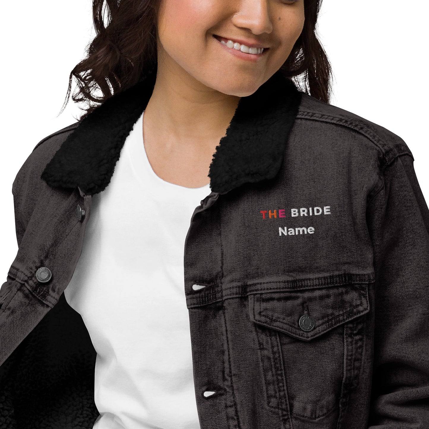 Lesbian Bride "Femme", Bridal Party denim sherpa jacket