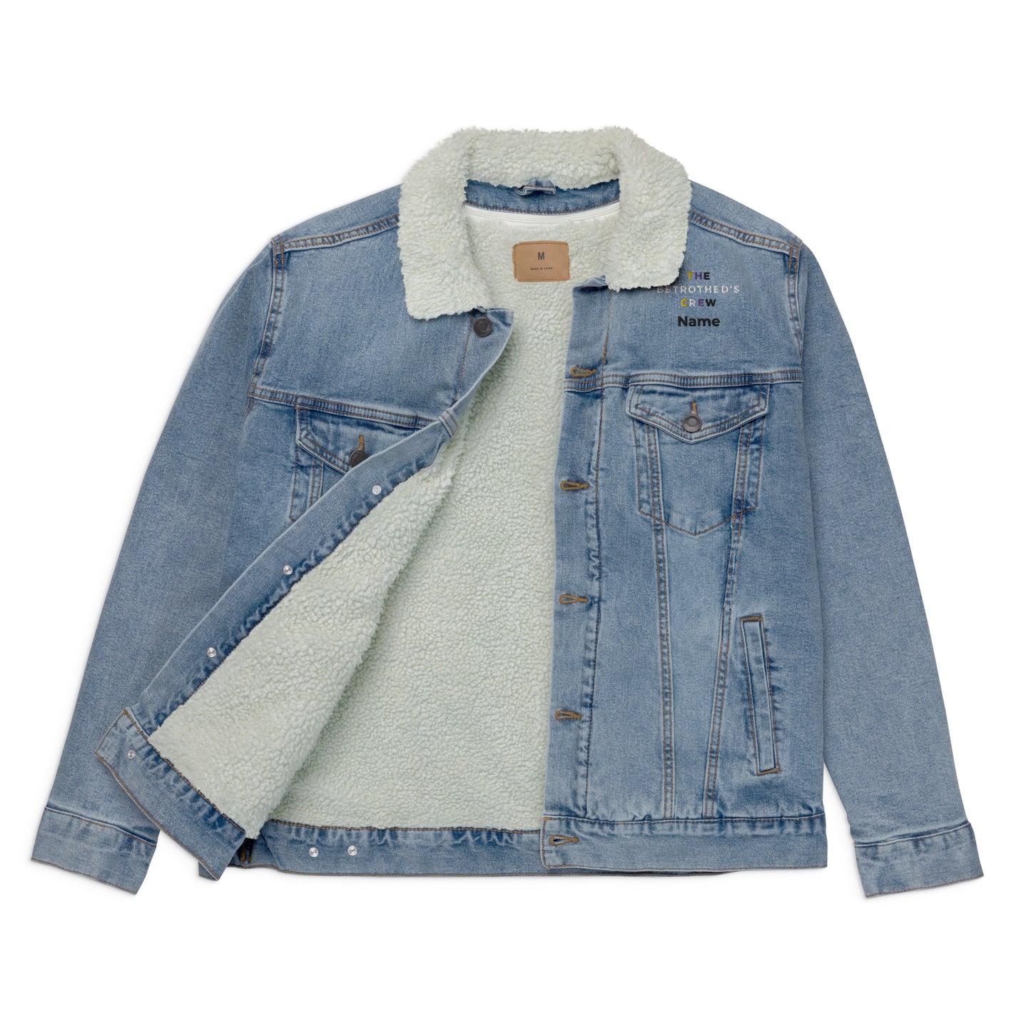 Non-Binary Betrothed Crew, Bachelorx Party, denim sherpa jacket