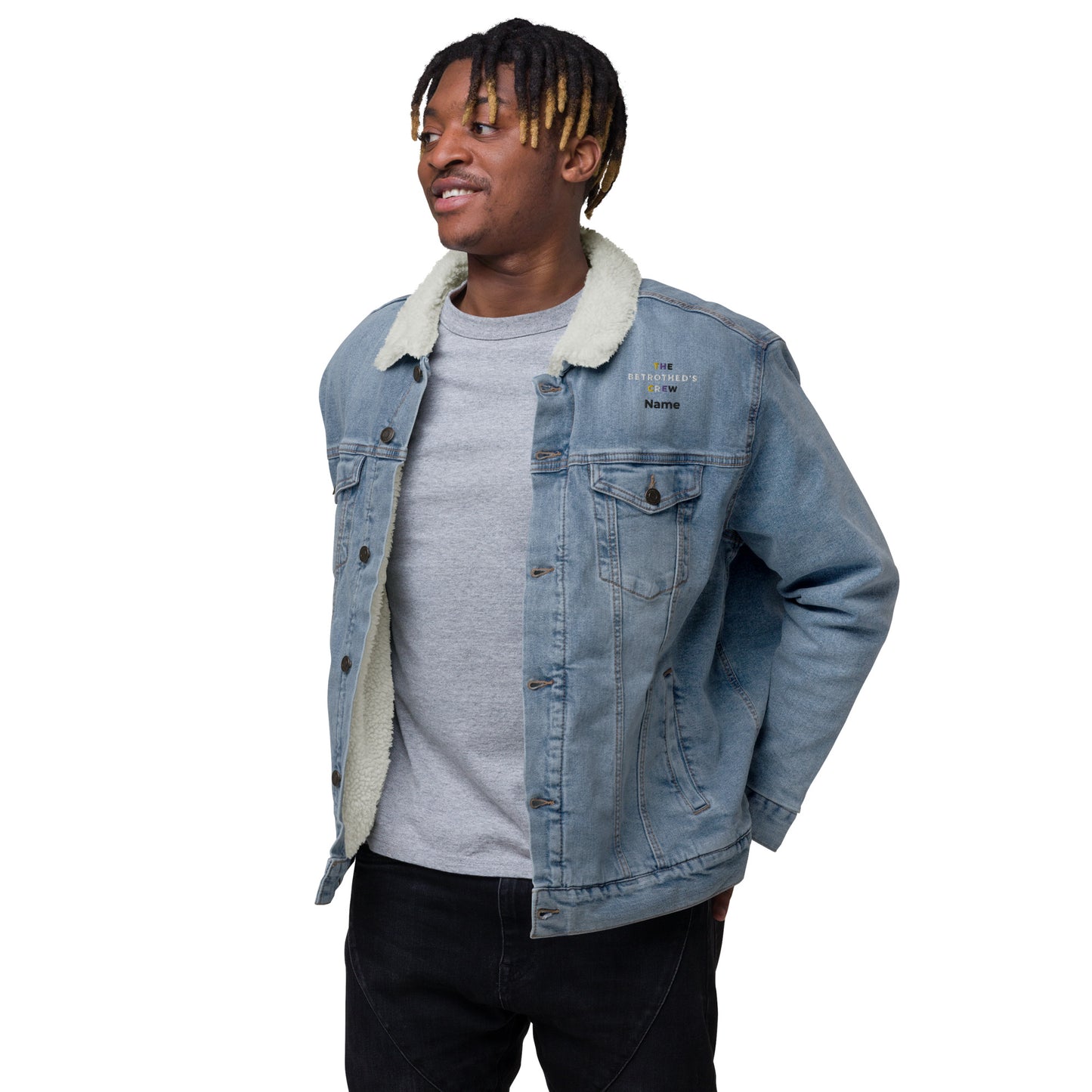 Non-Binary Betrothed Crew, Bachelorx Party, denim sherpa jacket