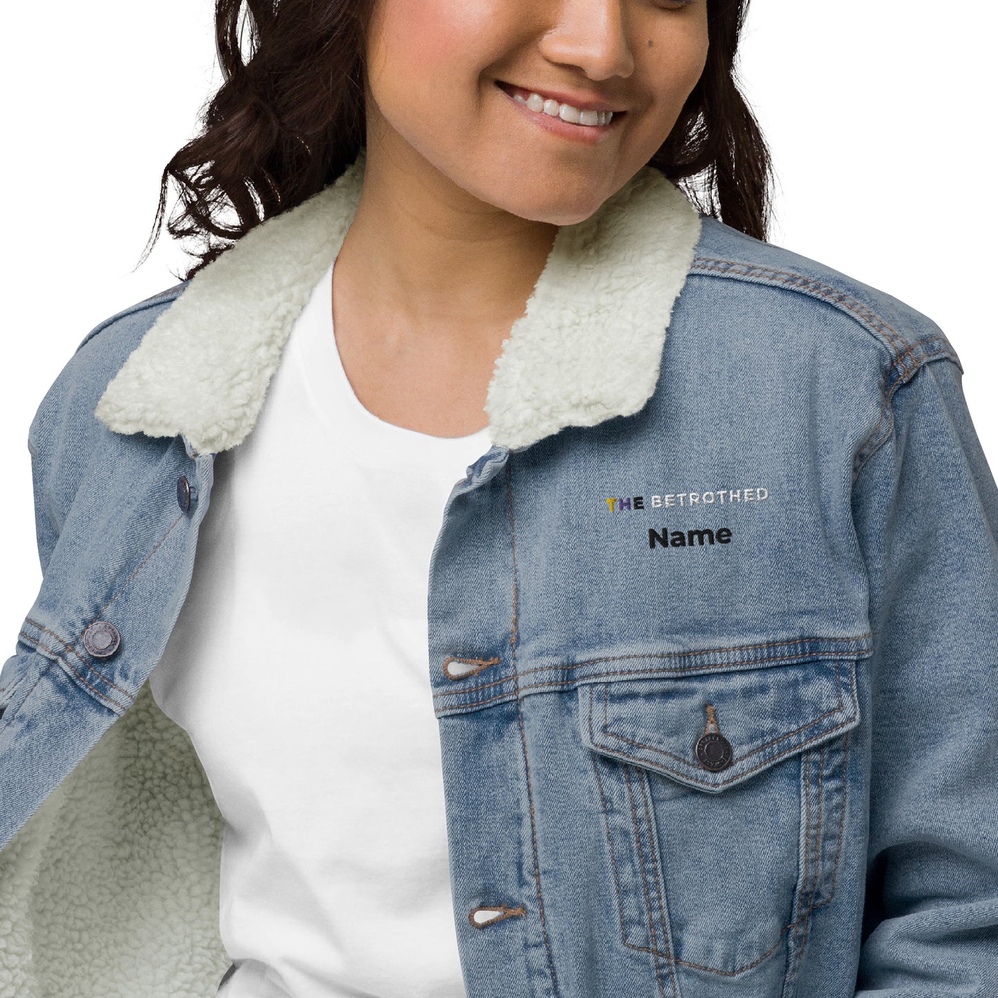 Non-Binary Betrothed, Bachelorx Party, denim sherpa jacket