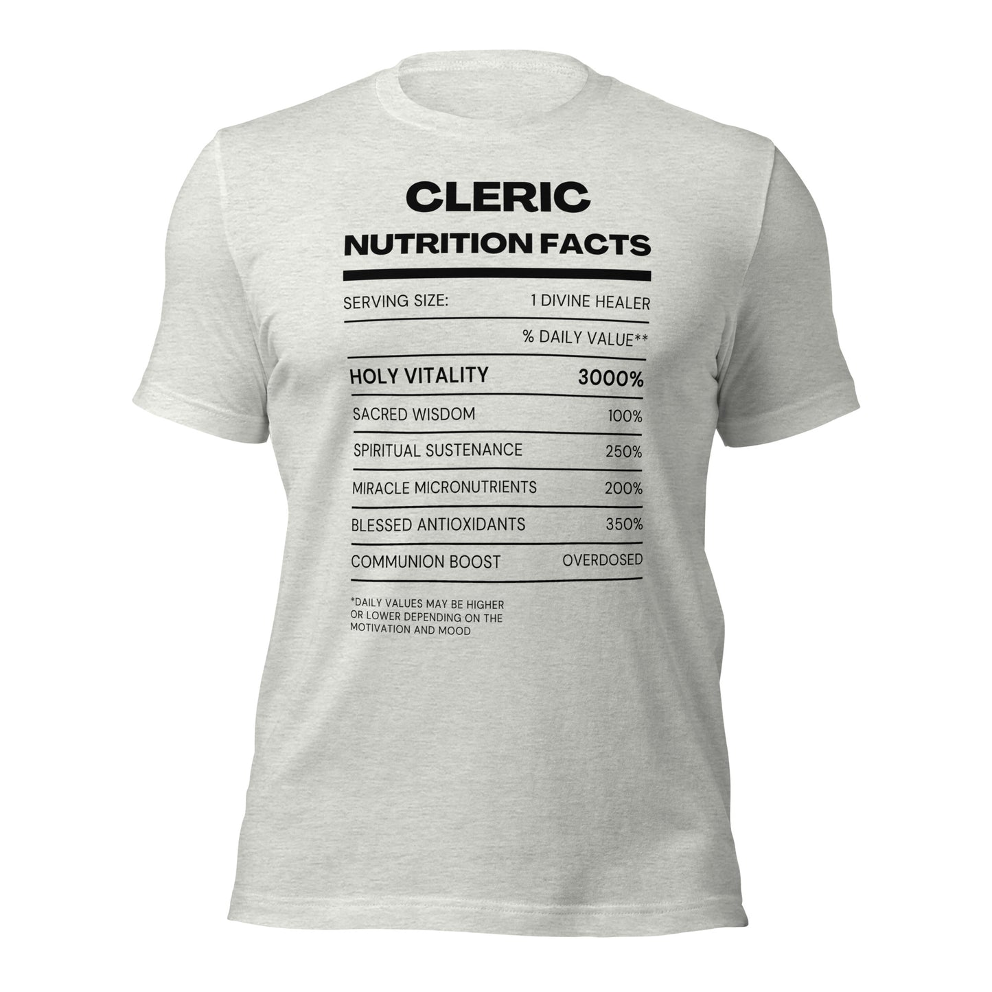 Cleric Class funny Nutritional Facts Tabletop Gaming T-shirt (Light)