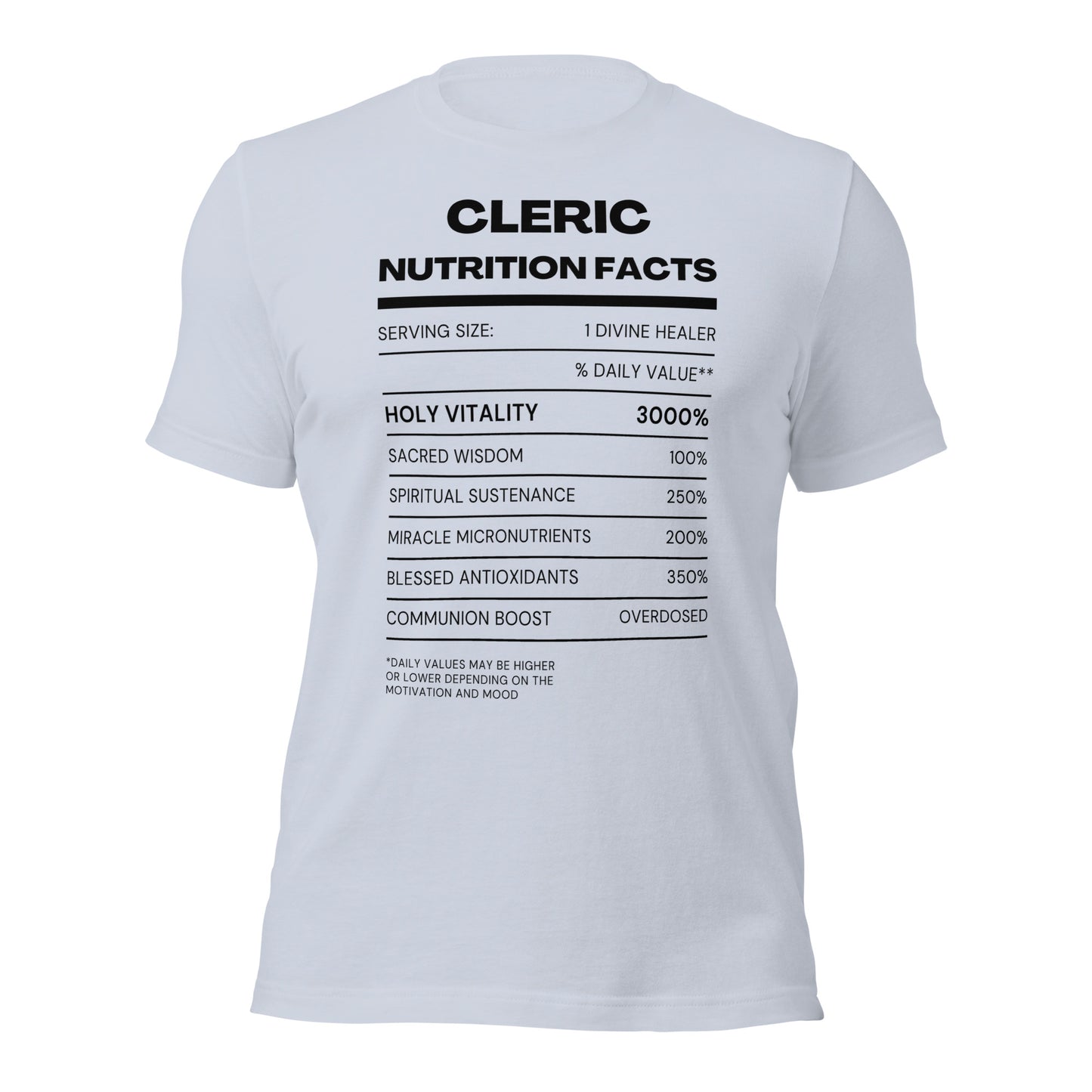 Cleric Class funny Nutritional Facts Tabletop Gaming T-shirt (Light)