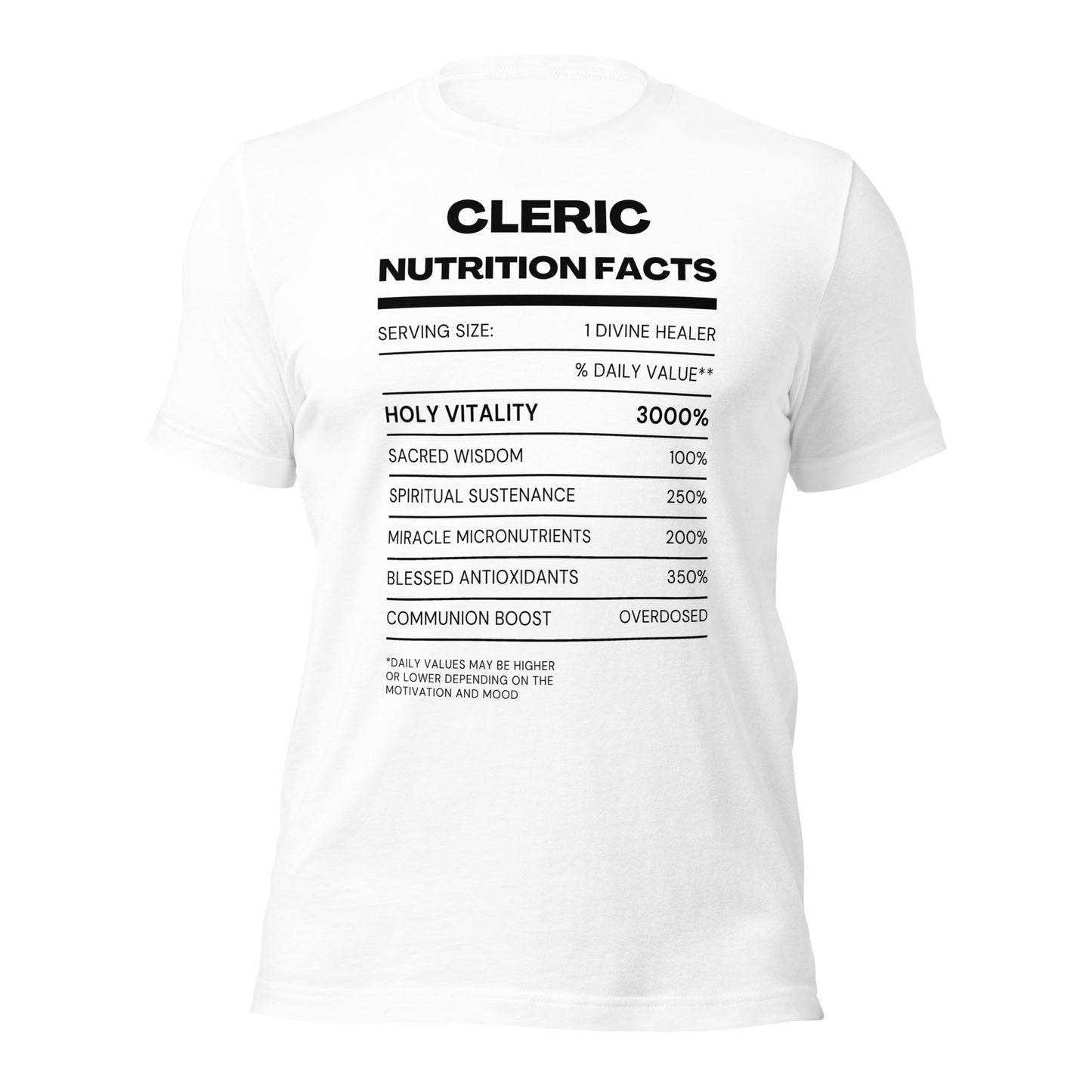 Cleric Class funny Nutritional Facts Tabletop Gaming T-shirt (Light)